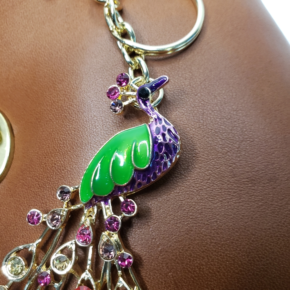 🔴 Lg Peacock Key Ring Charm Fob Purse Bling - Picture 6 of 8